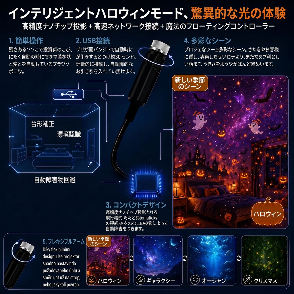 Vitalisys® 5Dスマートプロジェクター 🌌 – 30種類以上の幻想シーン＆スマホアプリで簡単操作 🌥️🖤