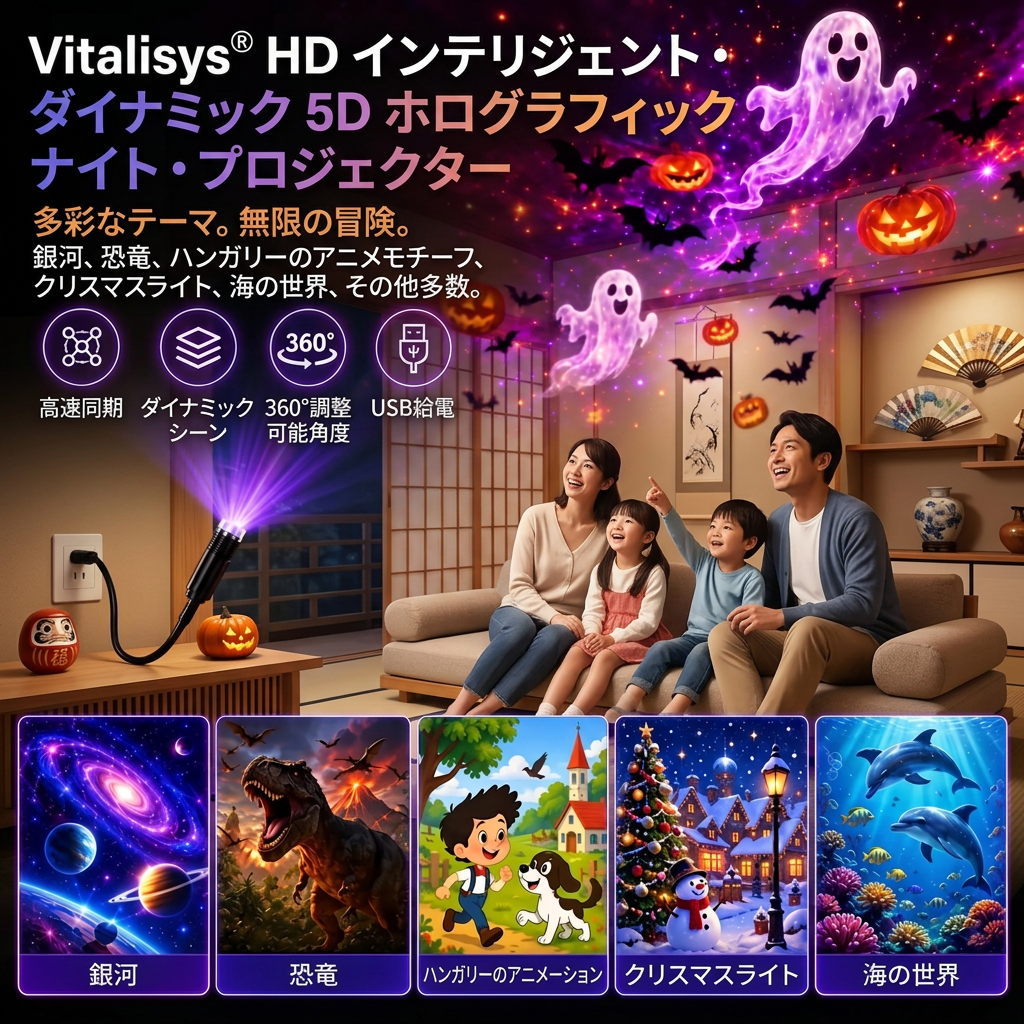 Vitalisys® 5Dスマートプロジェクター 🌌 – 30種類以上の幻想シーン＆スマホアプリで簡単操作 🌥️🖤